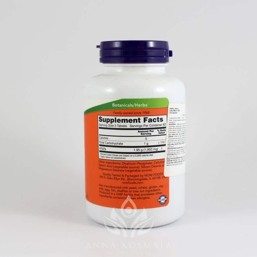 Alfalfa 650mg 250 tabletek Now 2