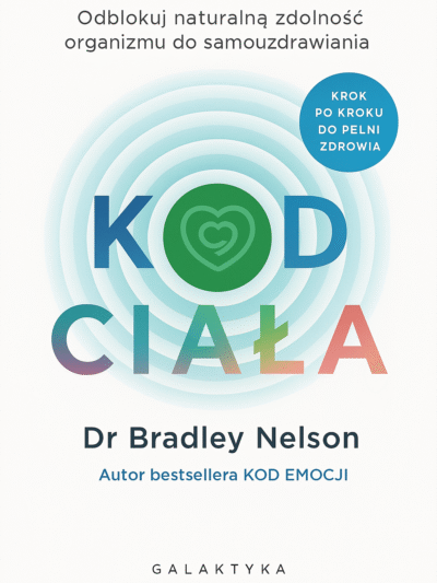 Okładka książki „Kod ciała” autorstwa dr. Bradley’a Nelsona. Poradnik o samouzdrawianiu i emocjonalnych blokadach zapisanych w ciele. Biała okładka z kolorowym napisem i minimalistycznym układem.
