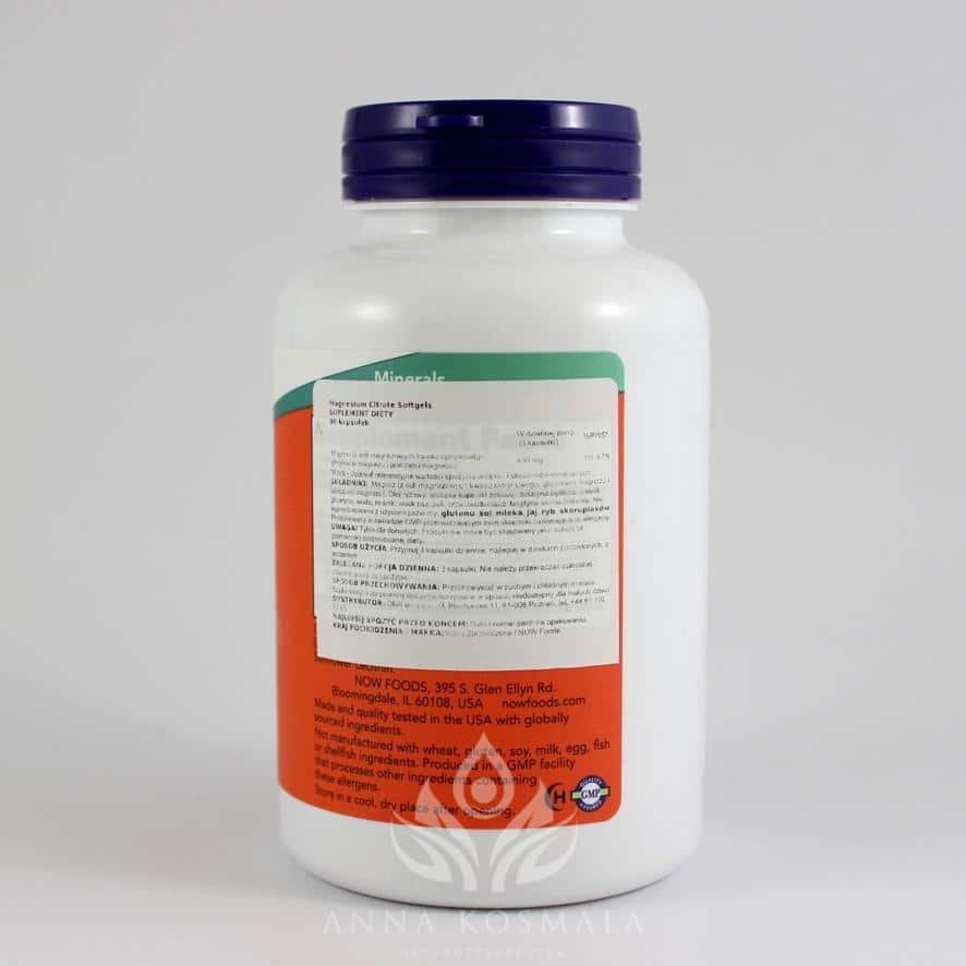 Magesium Citrate -cytrynian magnezu 90 kapsułek Now 2