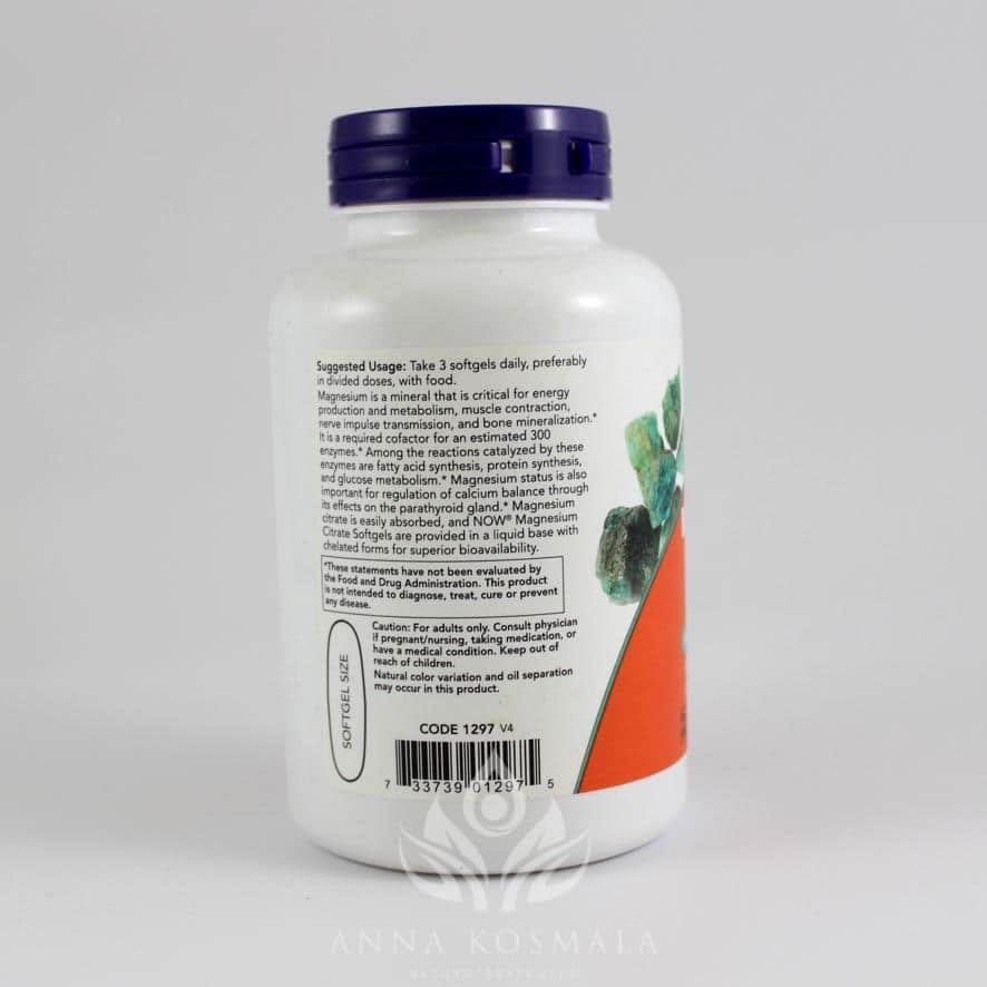 Magesium Citrate -cytrynian magnezu 90 kapsułek Now 3