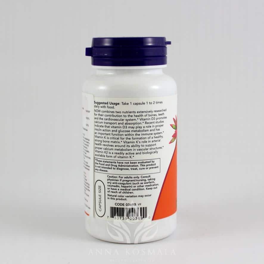 Vitamin D-3 & K-2 120 kapsułek Now 3