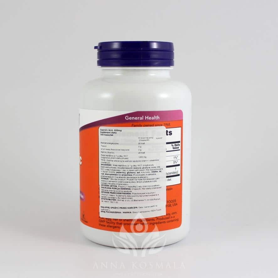 Caprylic Acid- kwas kaprylowy 600mg 100 kapsułek Now 2