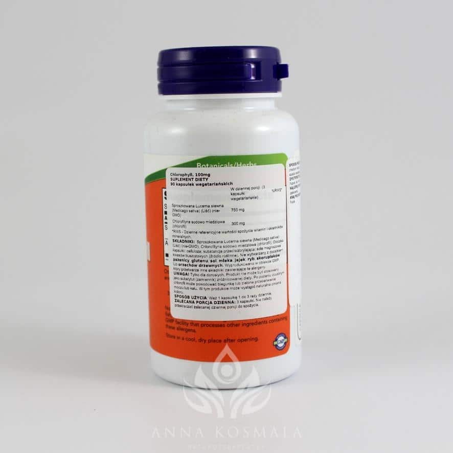 Chlorophyll - lucerna chlorofil 100mg 90 kapsułek Now 2