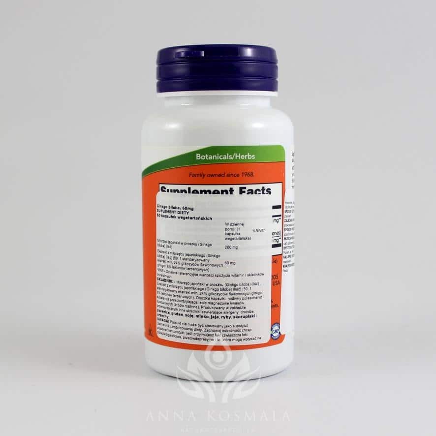 Ginkgo Biloba -miłorząb japoński 60mg 60 kapsułek Now 2