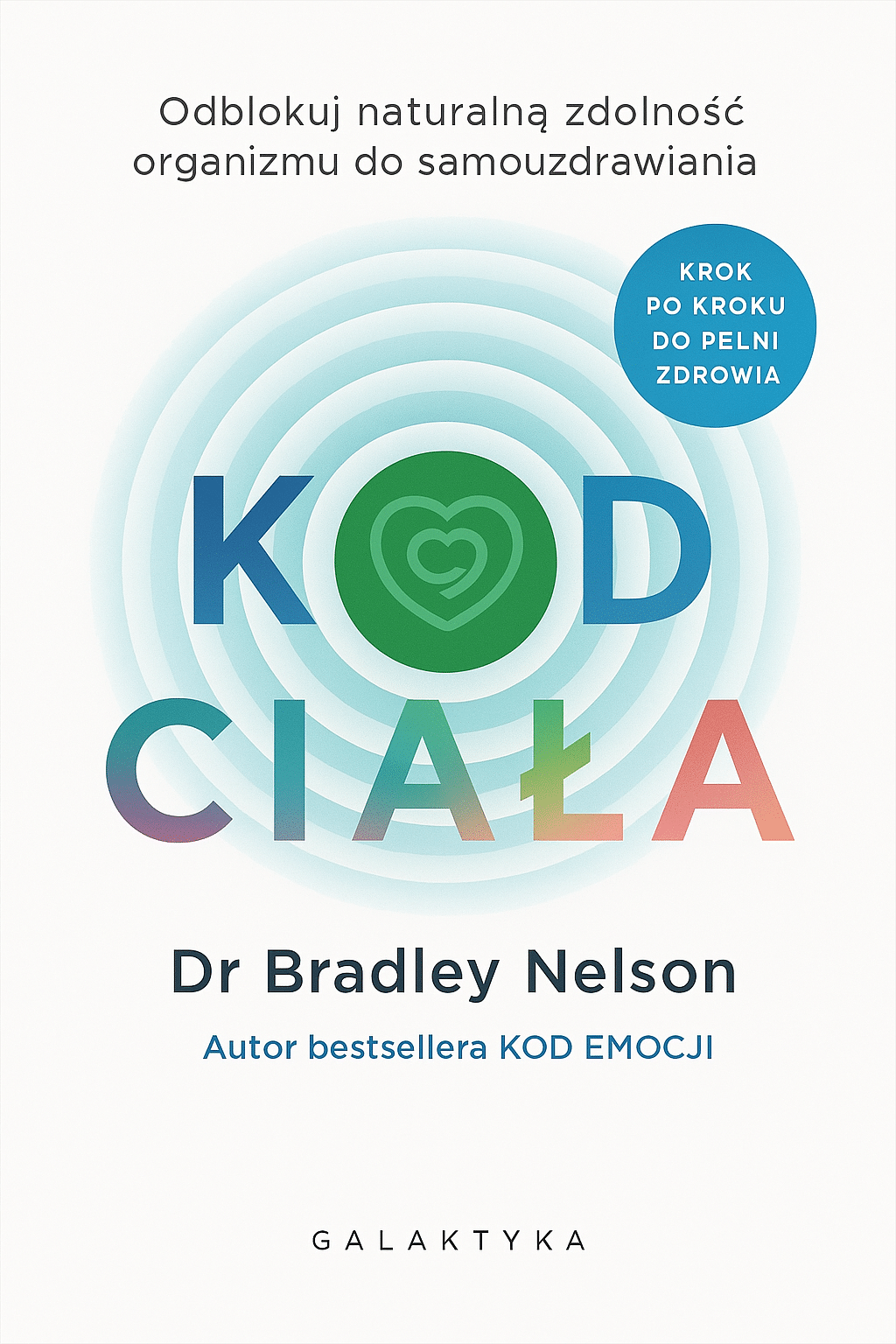 KOD CIAŁA HIGH RES Okładka książki „Kod ciała” autorstwa dr. Bradley’a Nelsona. Poradnik o samouzdrawianiu i emocjonalnych blokadach zapisanych w ciele. Biała okładka z kolorowym napisem i minimalistycznym układem.